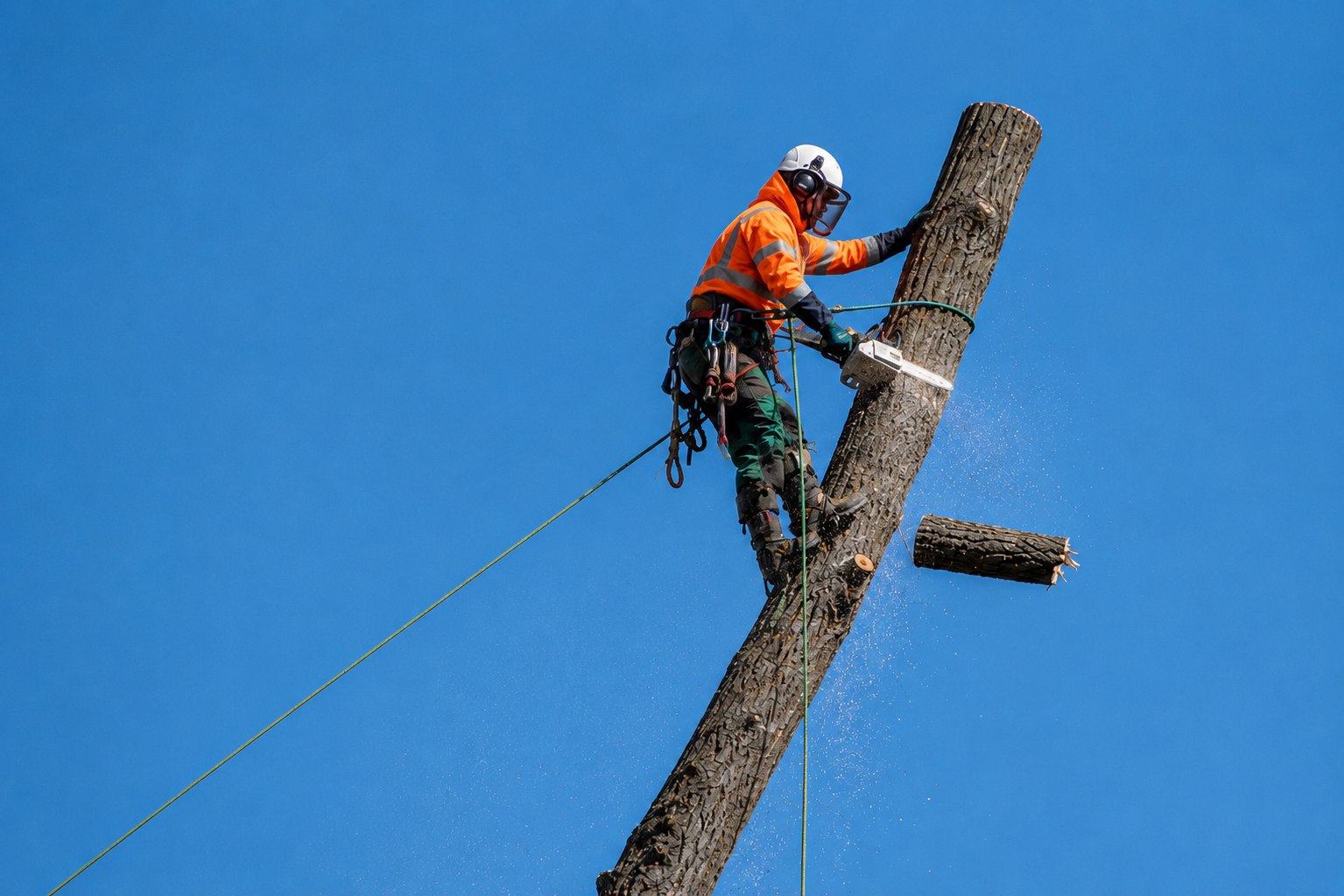 Arborist sectioning a tree trunk during a crown reduction
